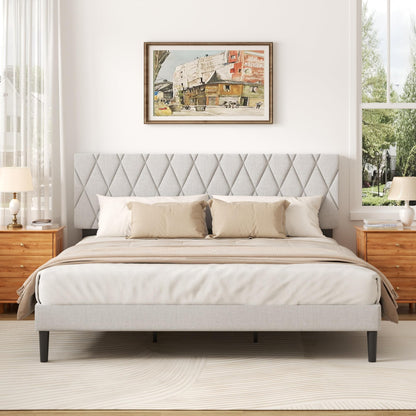 CXVX King Size Bed Frame with Diamond Tufted Headboard, Linen Upholstered Platform Bed and Wooden Slat Support, Noise-Free, No Box Spring Needed, Easy Assembly, Light Grey