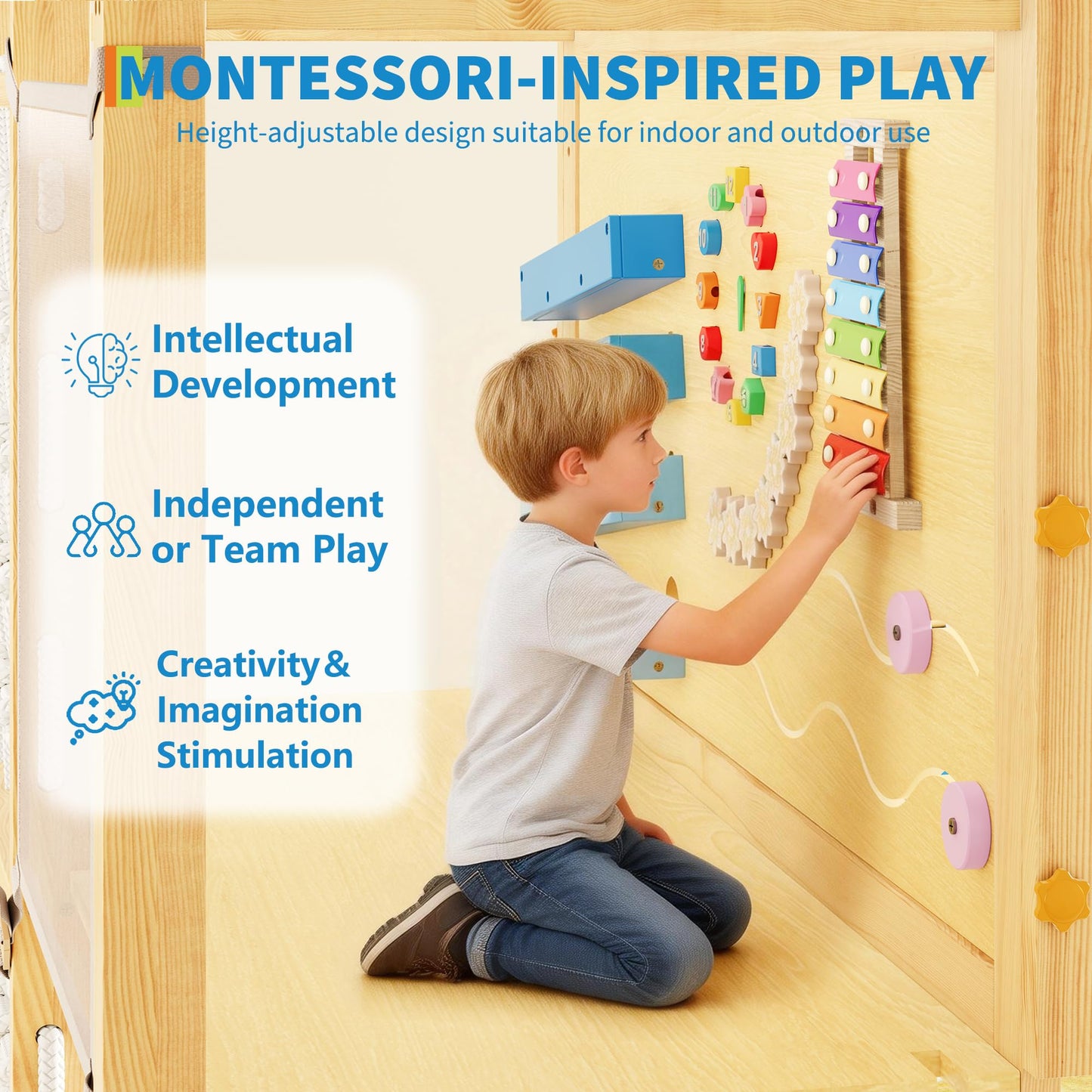 Garvee 9-in-1 Indoor Jungle Gym, Montessori Wooden Indoor Playground for Kids 2-8, Wooden Climbing Structure with Slide, Monkey Bars, Rope Ladder, Rock Wall, Climbing Net, Rings - Natural Wood Pink