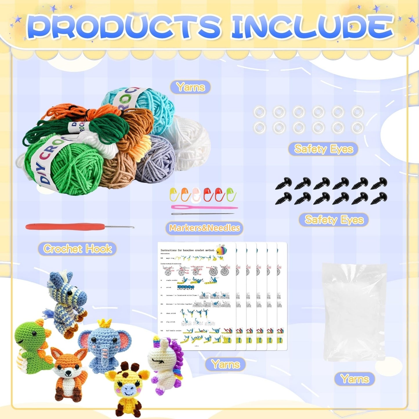 OLHKYN 6Pcs Crochet Kit for Beginners, 2026 DIY Craft for Adults, Great Gift for Crochet Lovers, Crocheting Animal Kits with Step by Step Videos,Yarn,Crochet Hook,Birthday Holiday Gift