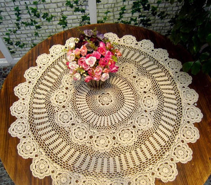 Damanni Beige Cotton Handmade Crochet Lace Tablecloth Doilies, Round, 35 Inch