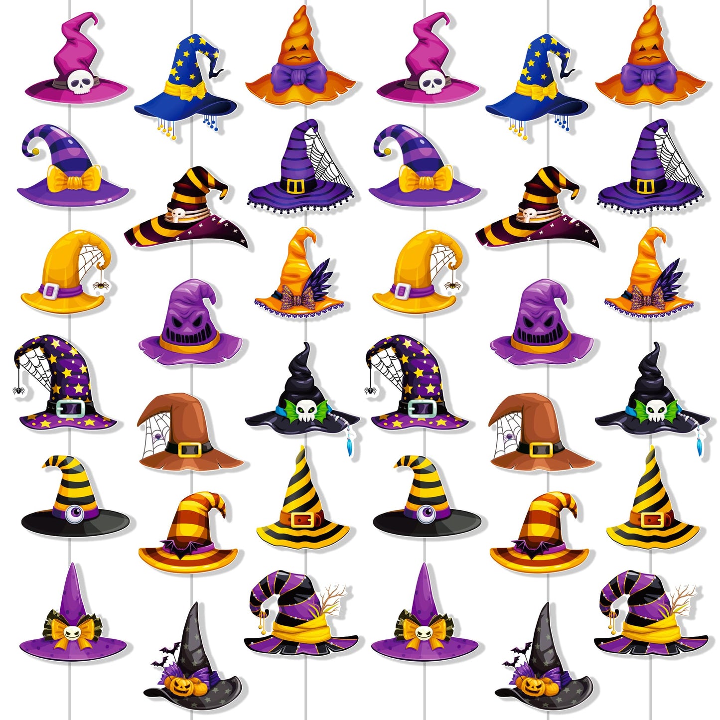 Halloween Witch Hat Garlands Halloween Party Supplies 8PCS Pre-Strung Witch Hanging Paper Garland Banners Wizard Hat Decorations for Spooky Theme Birthday Baby Shower Decor