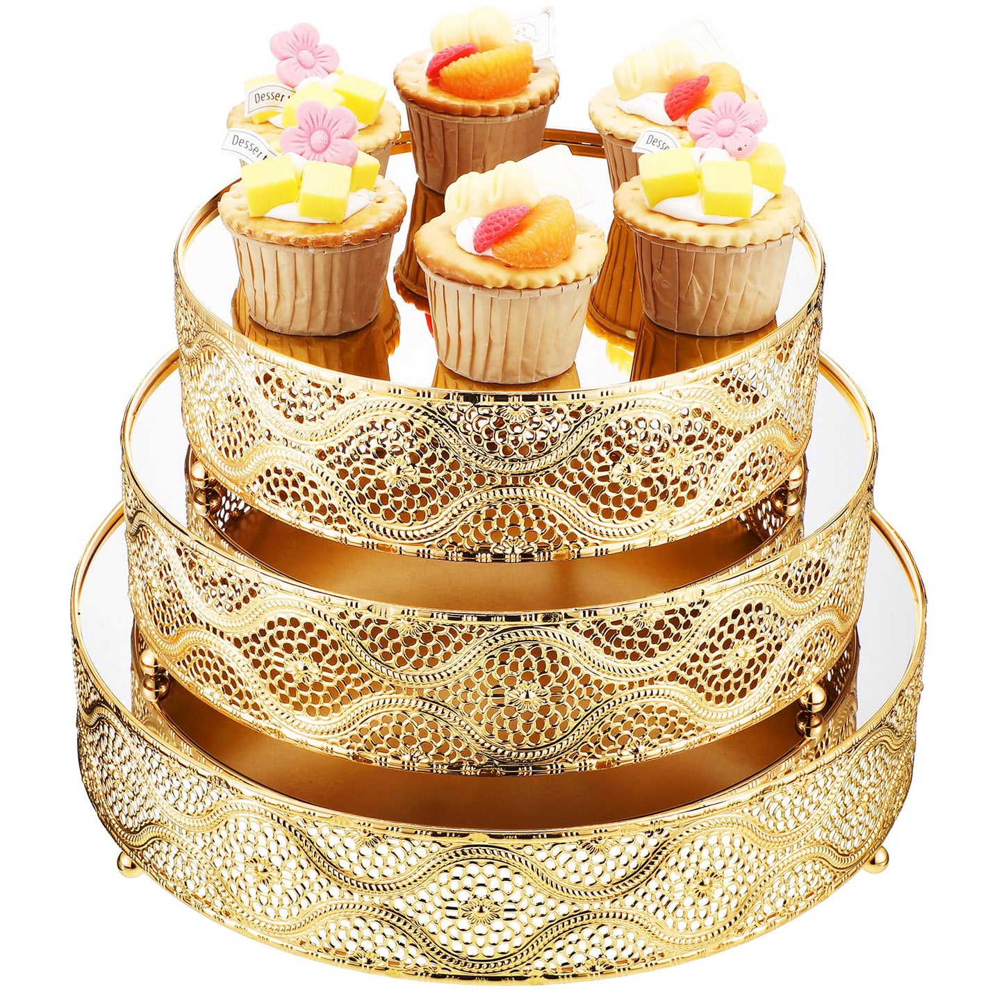 Skylety Set of 3 Round Wedding Cake Stand 10'' 12'' 14'' Metal Dessert Display Stand with Glossy Mirror Dessert Cupcake Cookies Holder for Wedding, Event, Birthday Party(Gold)