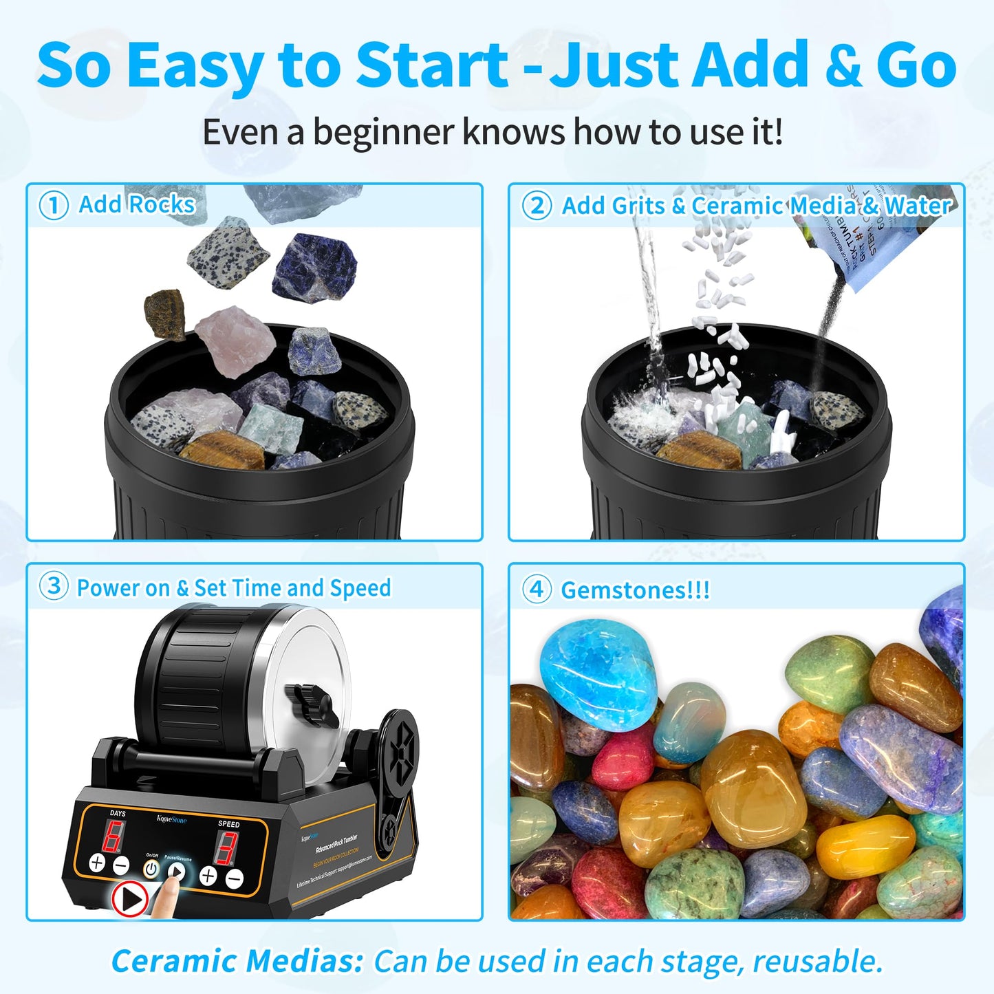 K1 Rock Tumbler Kit – Reliable Rotary Rock Polisher for Adults, Beginners & Hobbyists, 2.5LB Quiet Rubber Barrel with 3 Speeds, 9-Day Timer & Memory Function, Full Accessories Included, Ideal Gift