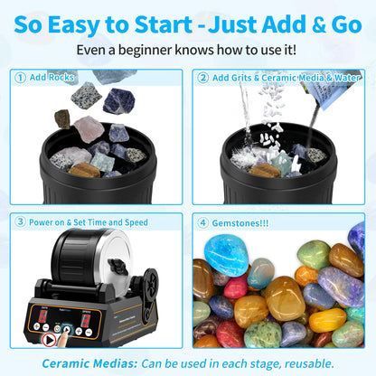 K1 Rock Tumbler Kit – Reliable Rotary Rock Polisher for Adults, Beginners & Hobbyists, 2.5LB Quiet Rubber Barrel with 3 Speeds, 9-Day Timer & Memory Function, Full Accessories Included, Ideal Gift