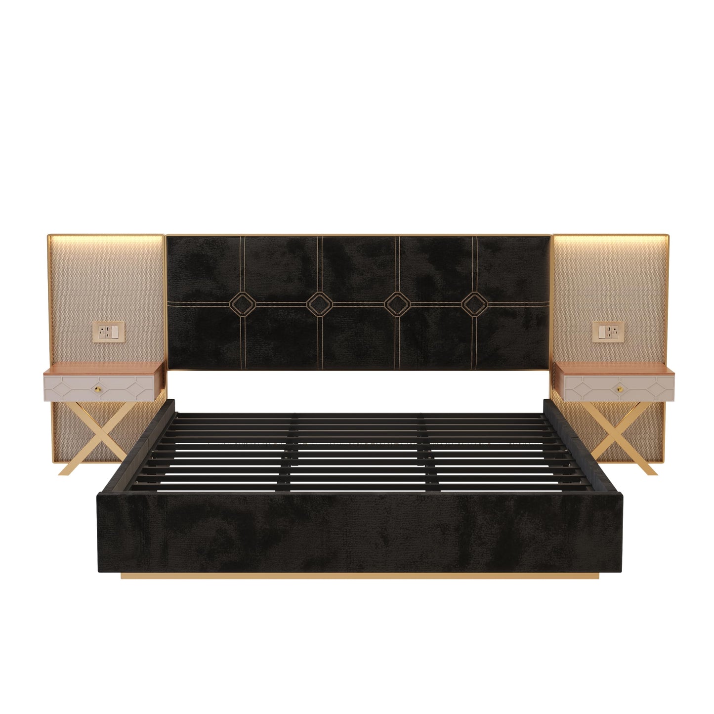 GDFStudio King Size Velvet Platform Bed Frame with LED Wall Lights & Floating Nightstands, Upholstered Headboard with Metal & Wood Frame, No Box Spring Needed, Easy Assembly, Black
