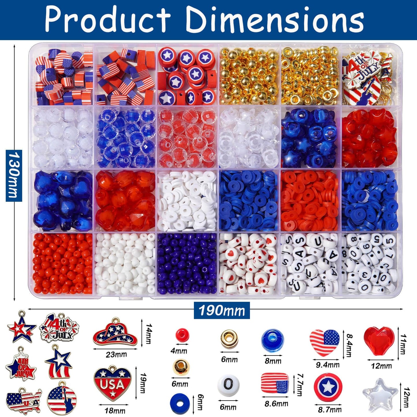 2360+ Pcs 4th of July Beads for Jewelry Making, Red White Blue Patriotic Bead Kit for Bracelets Necklace Craft Supplies Including Clay Charms USA Letter Beads Star Spacer Charms for Independence Day
