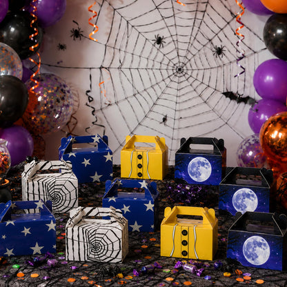 24 Pcs Spooky Themed Party Favor Boxes Cartoon Movie Theme Treat Paper Boxes Spider Star Moon Button Paper Box Halloween Supplies Spider Birthday Themed Favor Box for Celebration Party Supplies