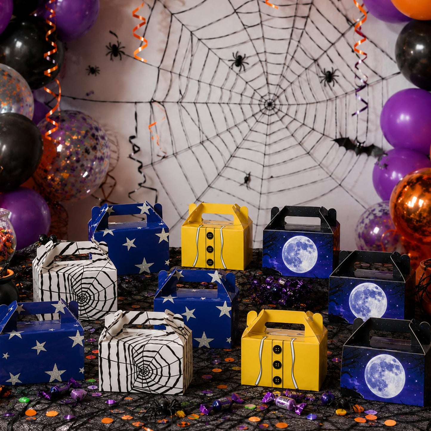 12 Pcs Spooky Themed Party Favor Boxes Cartoon Movie Theme Treat Paper Boxes Spider Star Moon Button Paper Box Halloween Supplies Spider Birthday Themed Favor Box for Celebration Party Supplies