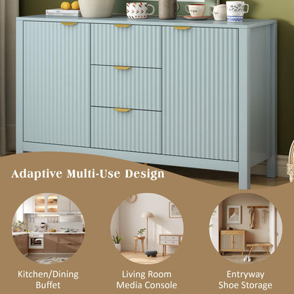GDFStudio 47.2" Modern Buffet Cabinet with 3 Drawers & Adjustable Shelves, Wave Pattern Sideboard Cabinet with Doors, Coffee Bar Cabinet Credenza Storage Cabinet for Dining Room Living Room, Cyan