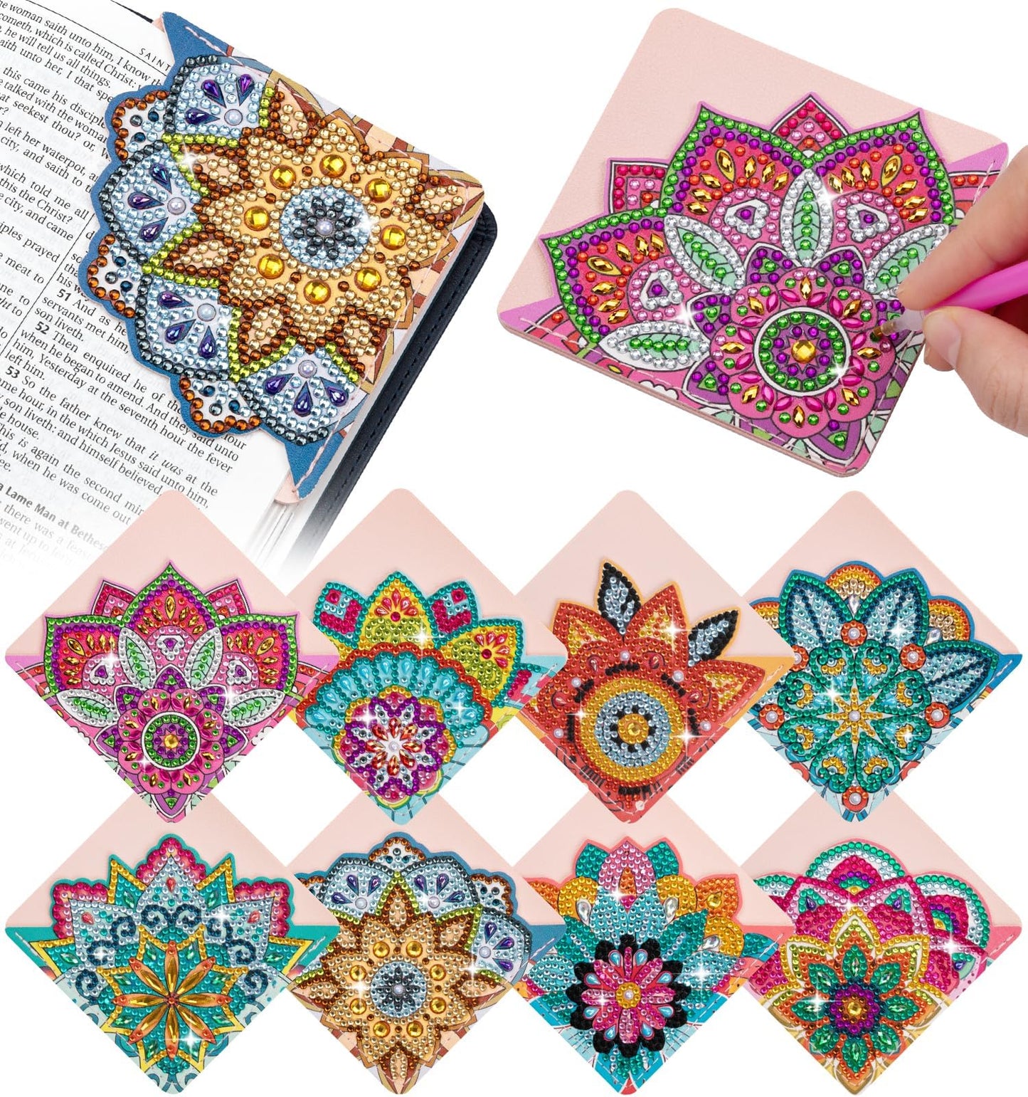 ALKALO 8 PCS Diamond Art Bookmarks, 5D DIY Corner Bookmarks for Adults & Kids, Leather Material for Book Lovers