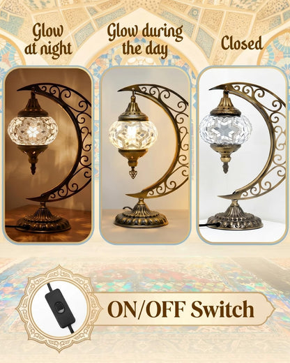Baquler Turkish Mosaic Moon Lamp - Handmade Stained Glass Table Lamp with Metal Crescent Base, Bohemian Moroccan Bedside Night Light for Bedroom Living Room Decor, Unique Gift(Classic Style)