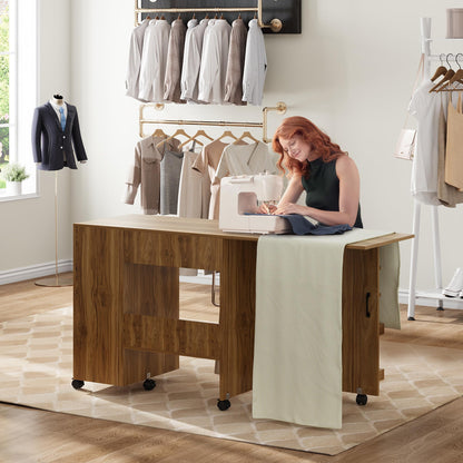 Garvee Folding Sewing Machine Table with Storage Shelves and Sliding Drawer, Rolling Side Desk for Sewing Machine, Craft Station with Lockable Wheels for Home, Bedroom, Small Spaces, Brown