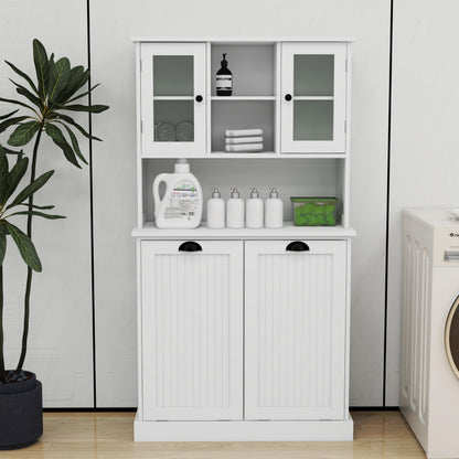 cattino 56.69" Tall Bathroom Laundry Cabinet with 2 Tilt-Out Baskets & 2 Adjustable Shelves - 2 Compartment Dirty Clothes Hamper Storage Organizer, 150 lbs Capacity - White