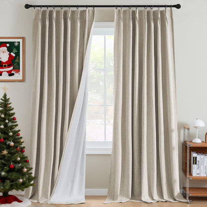 H.VERSAILTEX Pinch Pleated Full Blackout Curtains Linen Blended Chenille Blackout Curtains 84 inch Length 2 Panels Bedroom Thermal Insulated Farmhouse Neutral Track Drapes with Hooks, Heather Natural