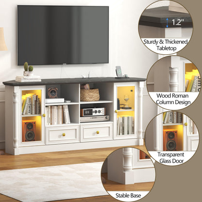 Corner TV Stand for 55 60 65 Inch TVs, Farmhouse Entertainment Center with 2 Storage Drawers and 2 Display Cabinet & Power Outlet and LED Lights, Wood TV Console Table for Living Room, Bedroom, White