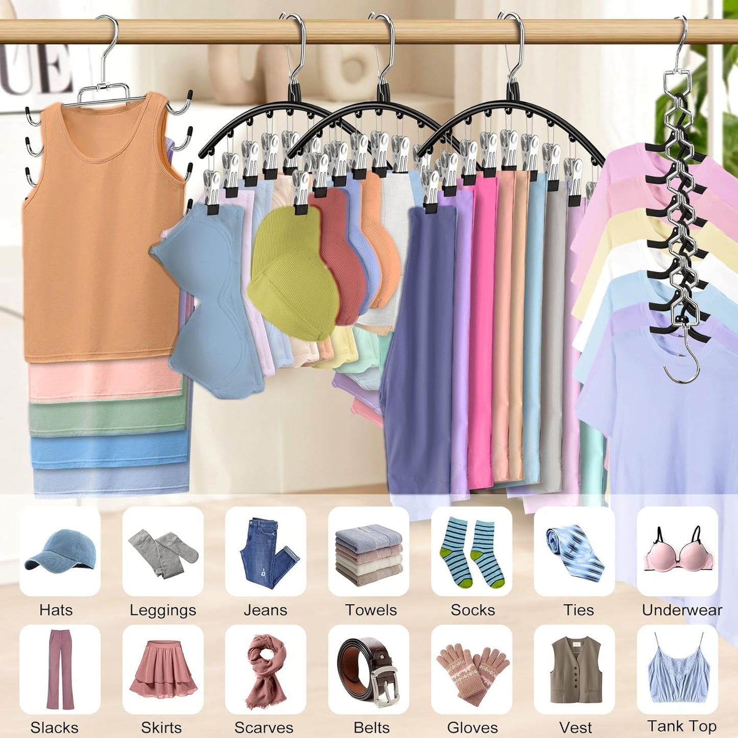 Skiennix 5-Pack Legging Organizer - Space-Saving Closet Hangers with 30 Clips & Tank Top Hanger