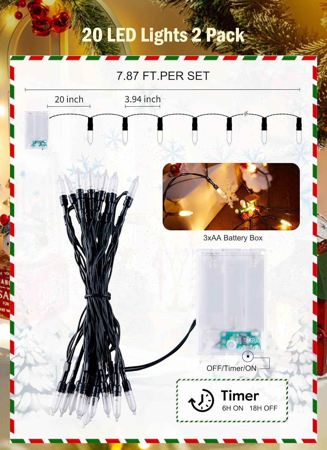 8ft 20 White2 Pack Brightown Battery Operated Christmas String Lights, LED Mini Lights with Timer, Christmas Tree