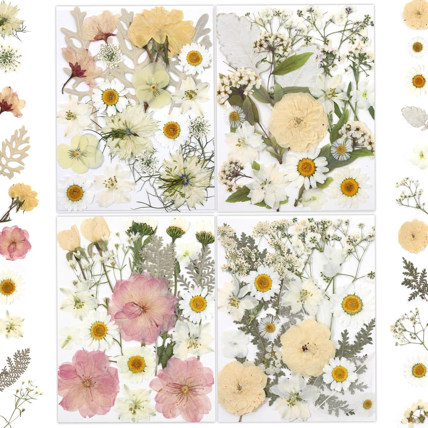 LUXEEASE 80 Pcs Dried Flowers for Crafts, Real Natural Dried Pressed Flowers in Soft Yellow, White & Pink Tones for Resin, DIY Art, Jewelry, Candle & Soap Making – Tweezers Included