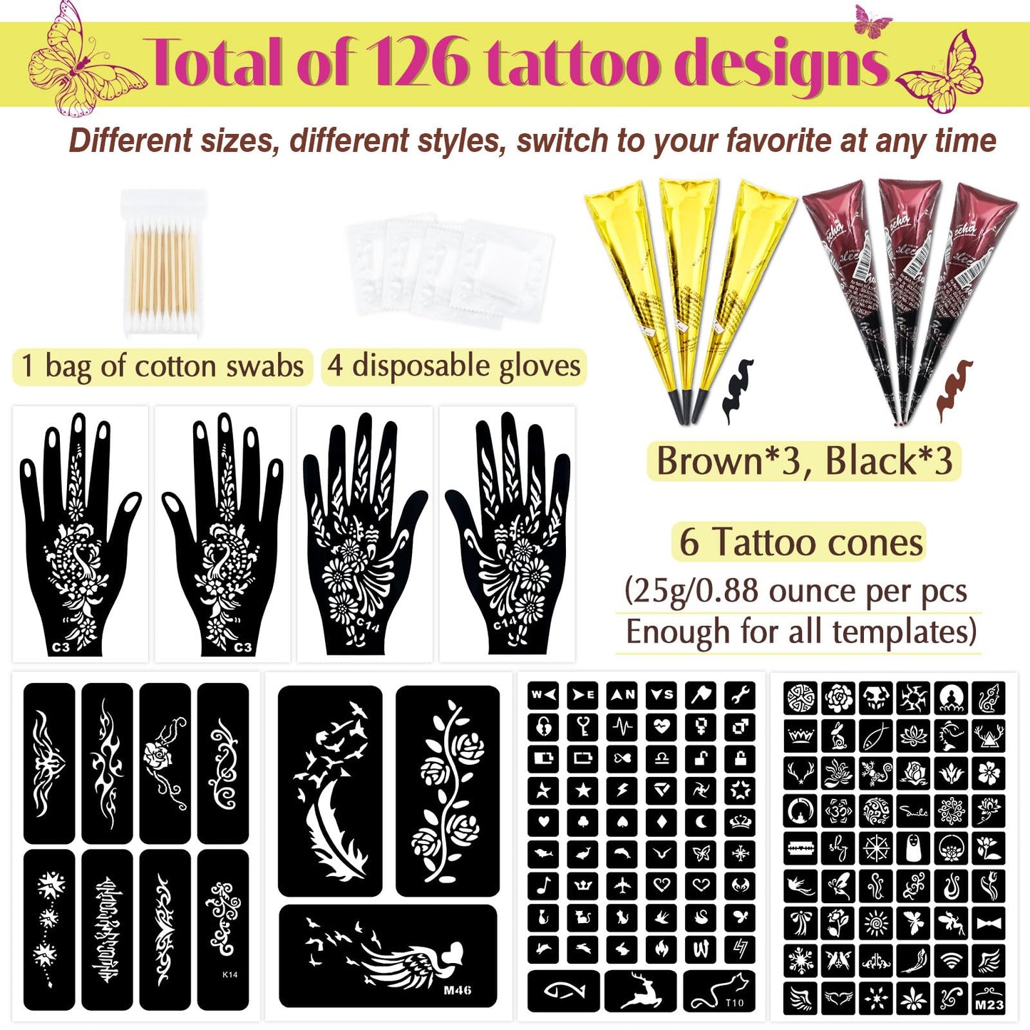 MuseLuxe 126 PCS Temporary Tattoos Stencils Kit,Temporary Tattoos Kit - 6 Pcs 2 Color(Brown Black) Ink with Gloves,DIY Body Art Painting for Women Men Adults Kids