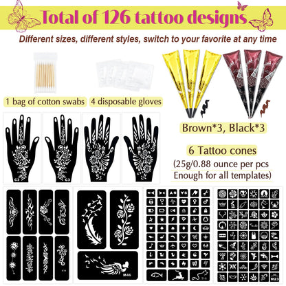 MuseLuxe 126 PCS Temporary Tattoos Stencils Kit,Temporary Tattoos Kit - 6 Pcs 2 Color(Brown Black) Ink with Gloves,DIY Body Art Painting for Women Men Adults Kids