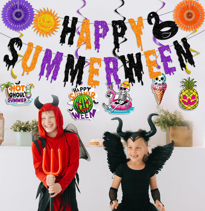 Glittery Happy Summerween Banner Summerween Hanging Swirls Decorations Circle Dots Garland Honeycomb Ball Paper Fan Set for Summer Halloween Birthday Party Halloween in Summer Ghost Party Decorations