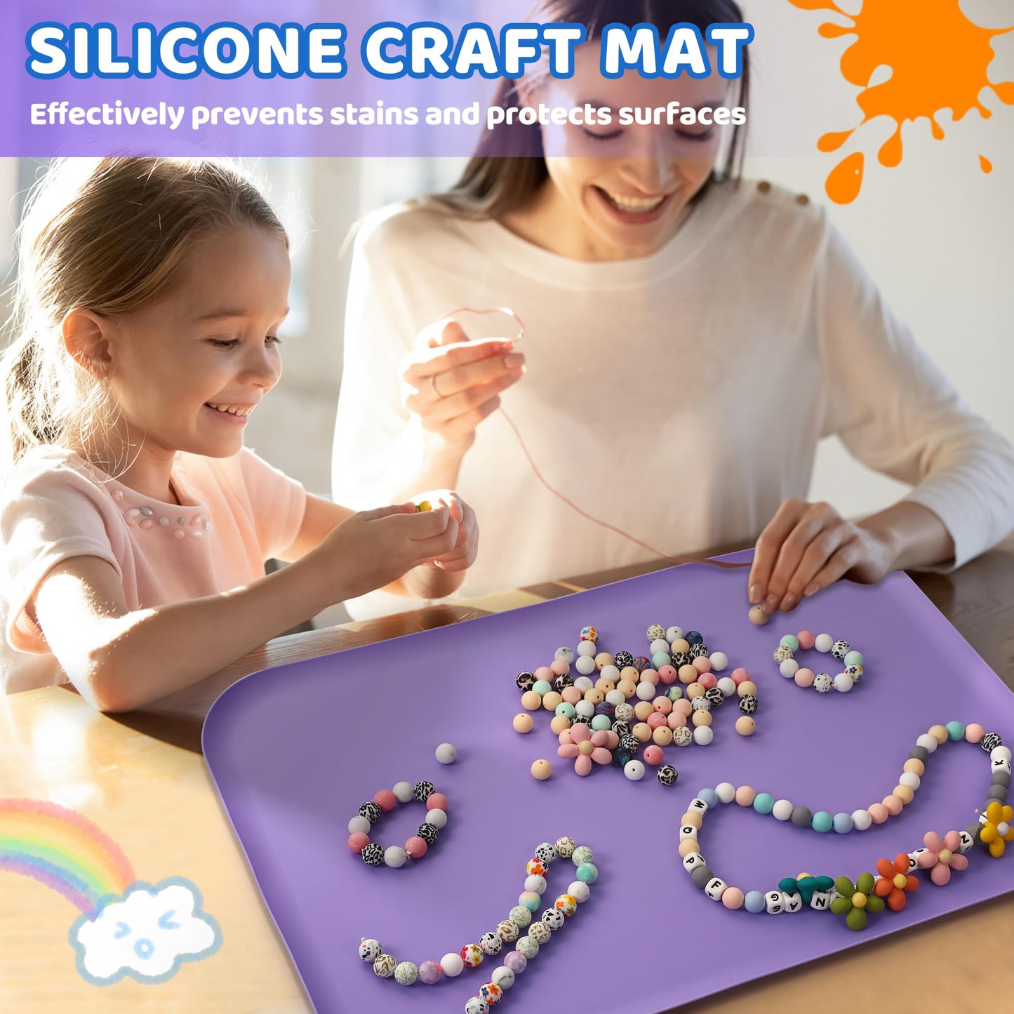 AtMini Silicone Art Mats for Kids, 24"x16" Silicone Craft Mat with Lip to Keep Clean, Play Sand, Painting, DIY Crafts Mat for Kids (Purple)