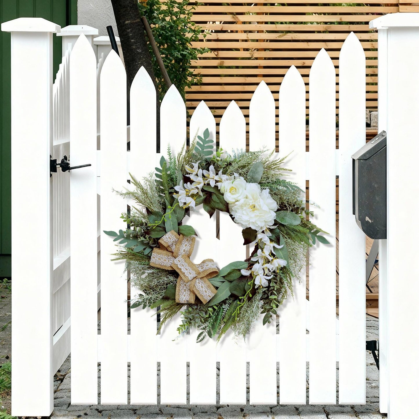 Petalivebioom 22 Inch Lace Bow Eucalyptus Front Door Wreath, Artificial Elegant Greenery Wreath, Weather Resistant Farmhouse Outdoor Indoor Porch Wall Wedding Home Decor