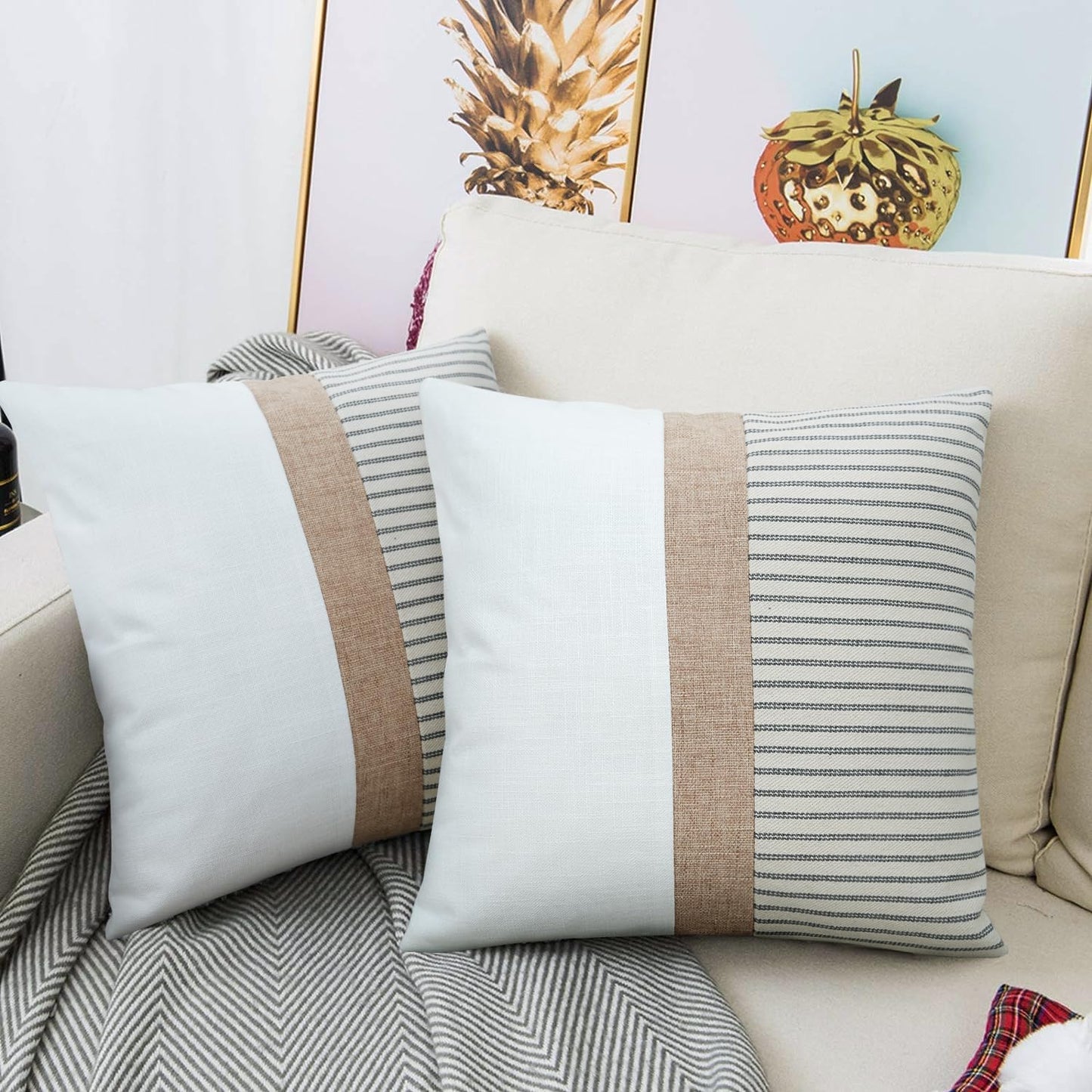 18x18, Set 2, JASEN Farmhouse Pillow Covers Modern Accent Square Throw Pillow Covers of Grey and Beige Striped