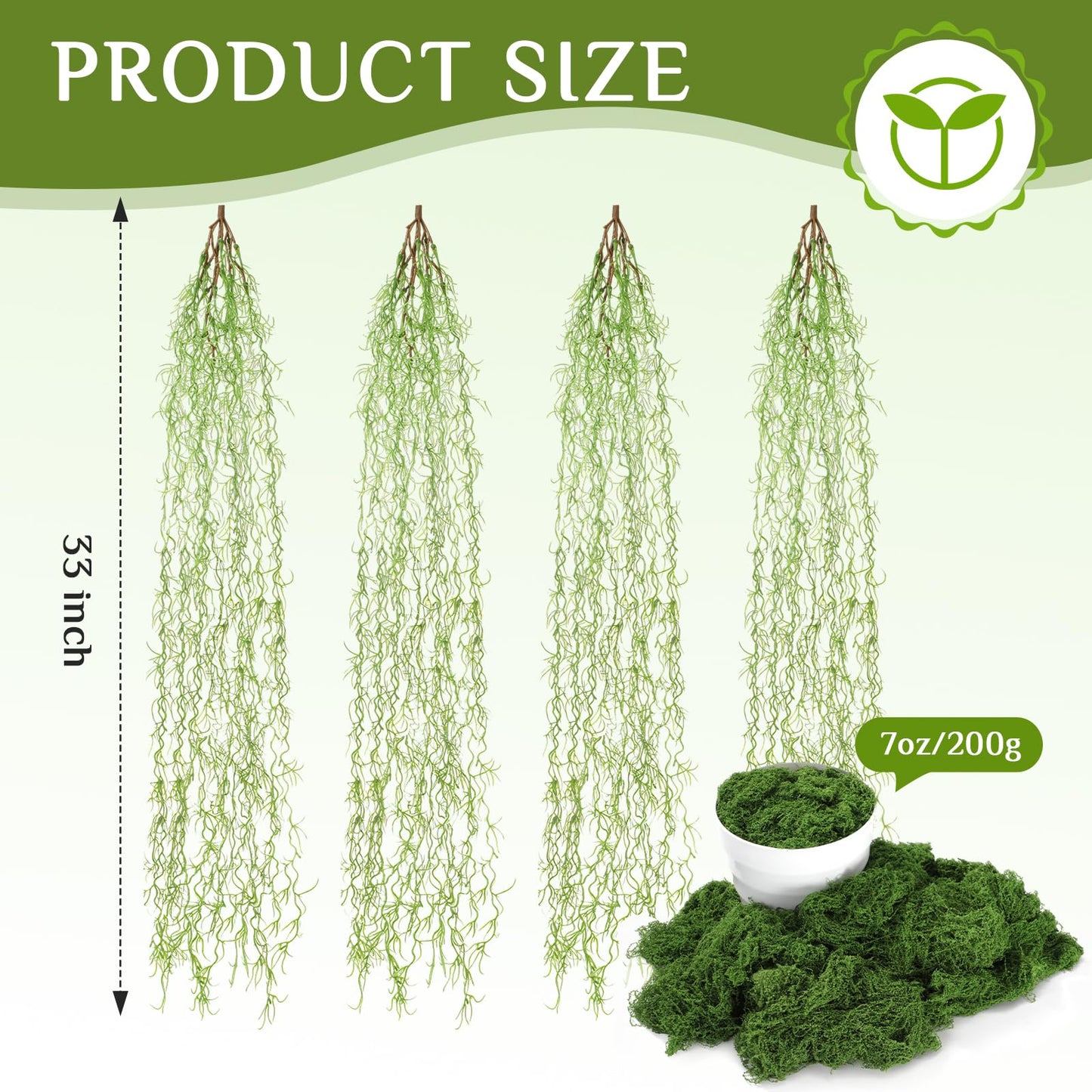 Acellegic 4 Pcs 33 Inch Fake Spanish Moss with 7 oz Artificial Green Moss for Potted Plants Indoor Hanging Garland Greenery Faux Vines Plants Faux Seaweed Greenery for Crafts DIY Garden Home Decor