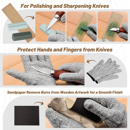 Wood Carving Kit, Wood Carving Tools Set with Carving Knives Detail Knives Basswood Blocks Gloves Polishing Compound Coloring Set, Wood Whittling Kit for Beginners DIY Hobbies for Adults