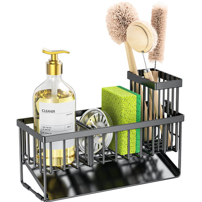 Cisily Sink Caddy Sponge Holder for Kitchen with Brush Holder and Stainless Steel Self Drain Tray, Rustproof Kitchen Sink Organizer for Sponge, Soap Dispenser Storage Accessories