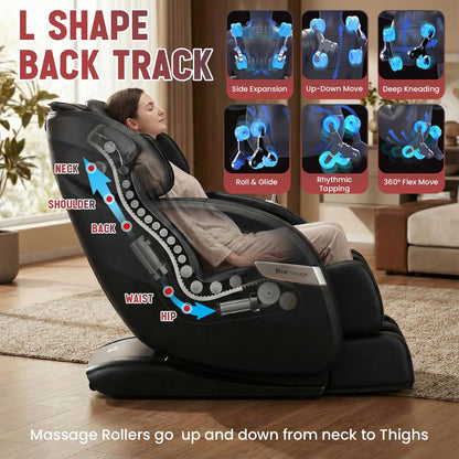 BestMassage Zero Gravity Recliner Chair, Full Body Heated Massage SL Extra Long Track Roller Chair with Bluetooth Connectivity 6 Manual Modes and 12 Automatic Modes (Black)