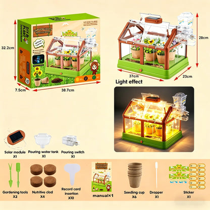 EXBEPE Kids Plant Growing Kit Greenhouse Growing Set Terrarium Kit Kids Science Educational DIY Plant Gardening Toy, Living Greenhouse with Solar Panel, Indoor Gardening Kit