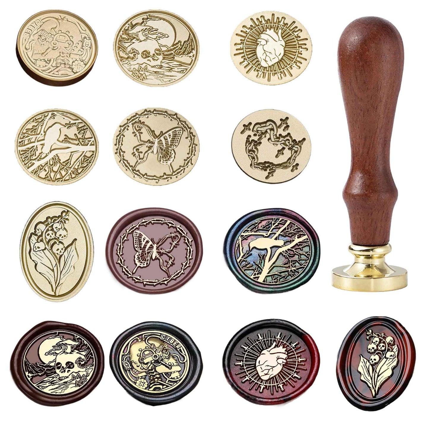 Halloween Wax Seal Stamp Kit - Ychostamp Crow, Butterfly, Ticker, Skull Sealing Wax Stamps, 7Pcs Vintage Brass Seals for Spooky Envelope, Party Invitation