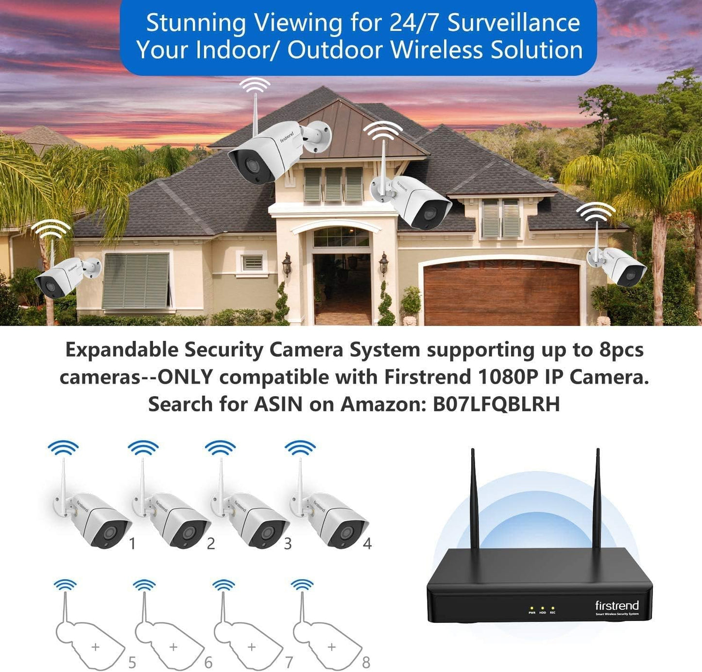 Security Camera System Wireless,Firstrend 1080P 8CH Wireless Home Security Systems with 4 pcs 2MP Full HD Cameras 1TB HDD Night Vision Motion Detection App for Indoor Outdoor Video Surveillance