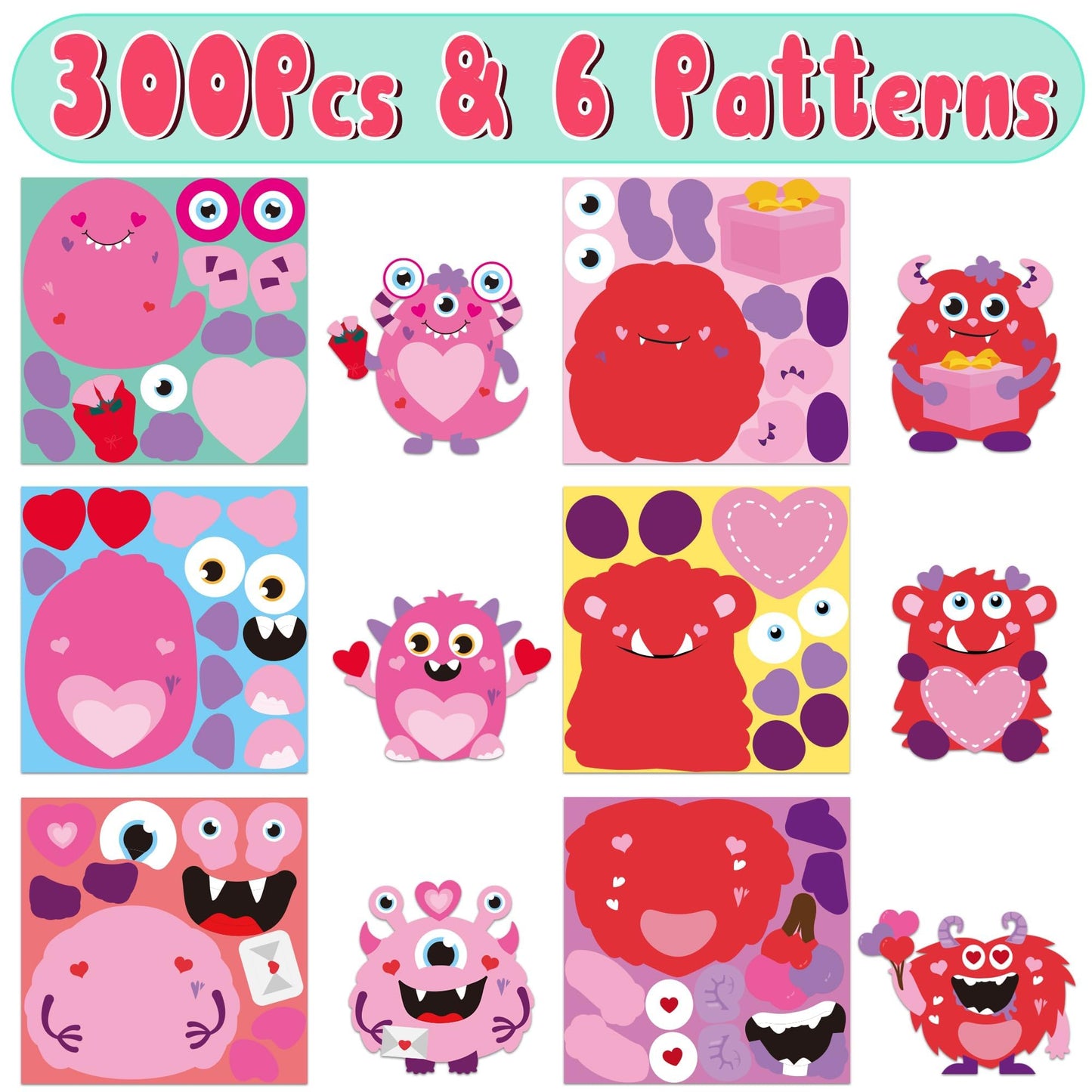 ANGOLIO 300Pcs Valentine's Day Monster Make a Face Stickers Roll Make Your Own Valentine Monster Stickers Label Waterproof Vinyl Decals for Greeting Cards Party Decor Candies Bags Gift