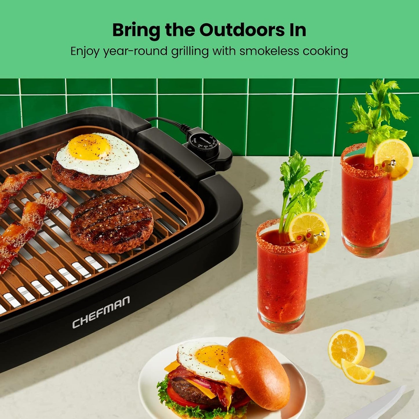 Chefman Smokeless Indoor Electric Grill, Extra Large Nonstick Table Top Grill with Adjustable Temperature Control