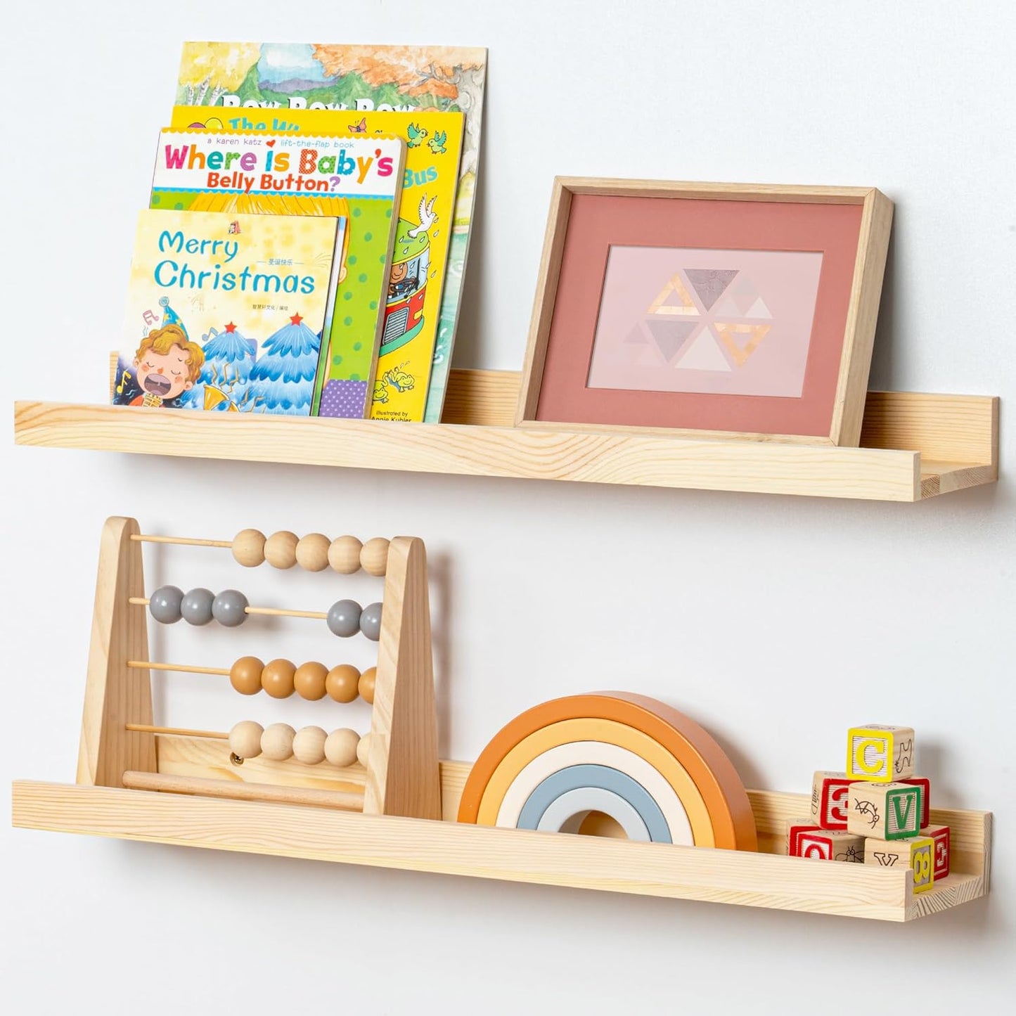 24 inch 2 Packs, Picture Ledge Shelf for Wall, Solid Pine Wood Nursery Book Shelves Floating Ledge Shelves for Kids'
