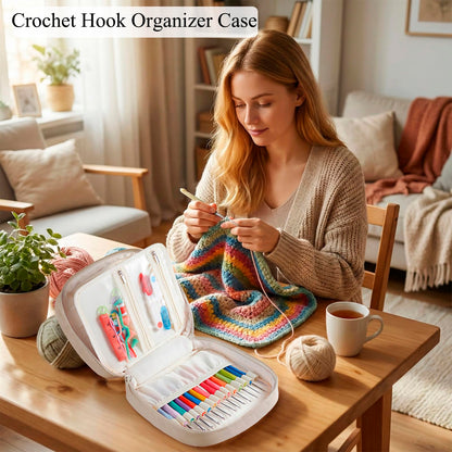 Crochet Hook Case, Lightweight Crochet Hook Organizer with Clear Zipper Pockets, Crochet Hook Holder for Knitting Needle Storage, Gift for Women and Crochet Enthusiasts (Light Brown)