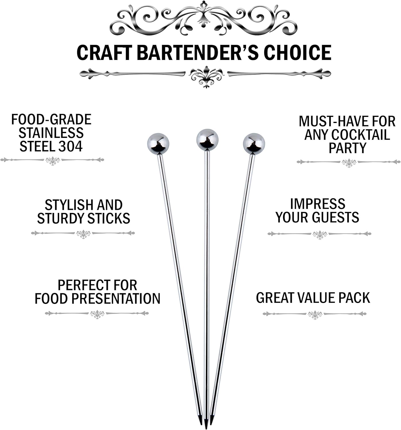 Cocktail Picks Martini Stirrers Toothpicks – 24 Pack Reusable Stainless Steel Metal Drink Skewers for Appetizers