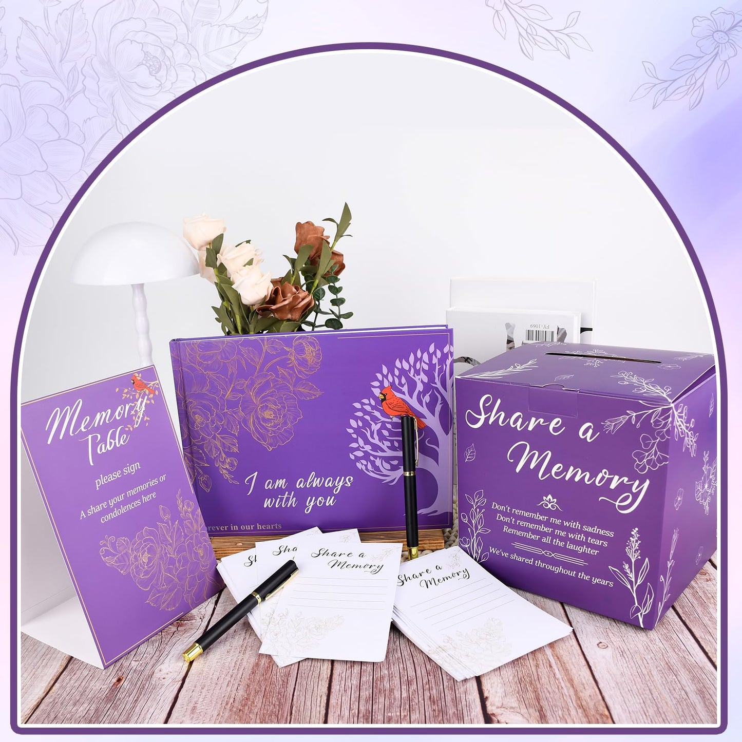 55 Pcs Funeral Supplies Funeral Guest Book for Memorial Service Included Pen Table Sign Cardinal Memorial Memory Cards Box with 50 Pcs Share a Memory Cards for Guest Funeral Farewell Party (Purple)