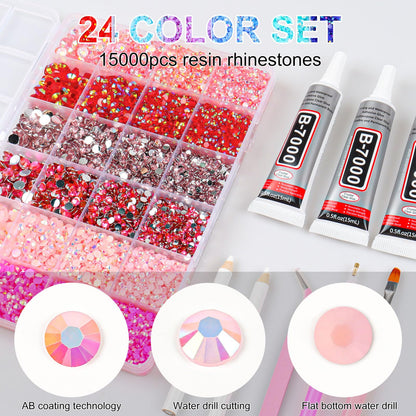19200Pcs Pink Rhinestones for Bedazzling, 3mm -6mm Flatback Rhinestones for Diamond Art, Bedazzling Kit with 3Pcs 15ml B7000 Jewelry Glue for Nail Art Crafting Book Makeup