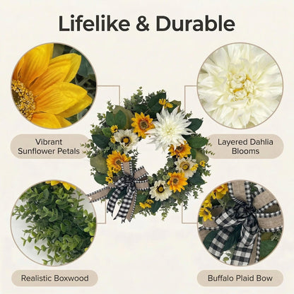 CYANBLOOM 24 Inch Summer Front Door Wreath – Modern Farmhouse Cream White & Yellow Sunflower Dahlia Wreath with Buffalo Plaid Bow, Outdoor Porch Wall Decor All Season, Housewarming Wedding Gift