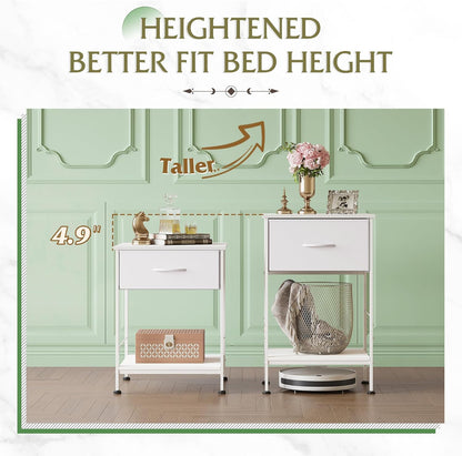 25.03" WLIVE White Nightstand, Night Stand with Fabric Storage Drawer and Open Wood Shelf, Small End Side Table