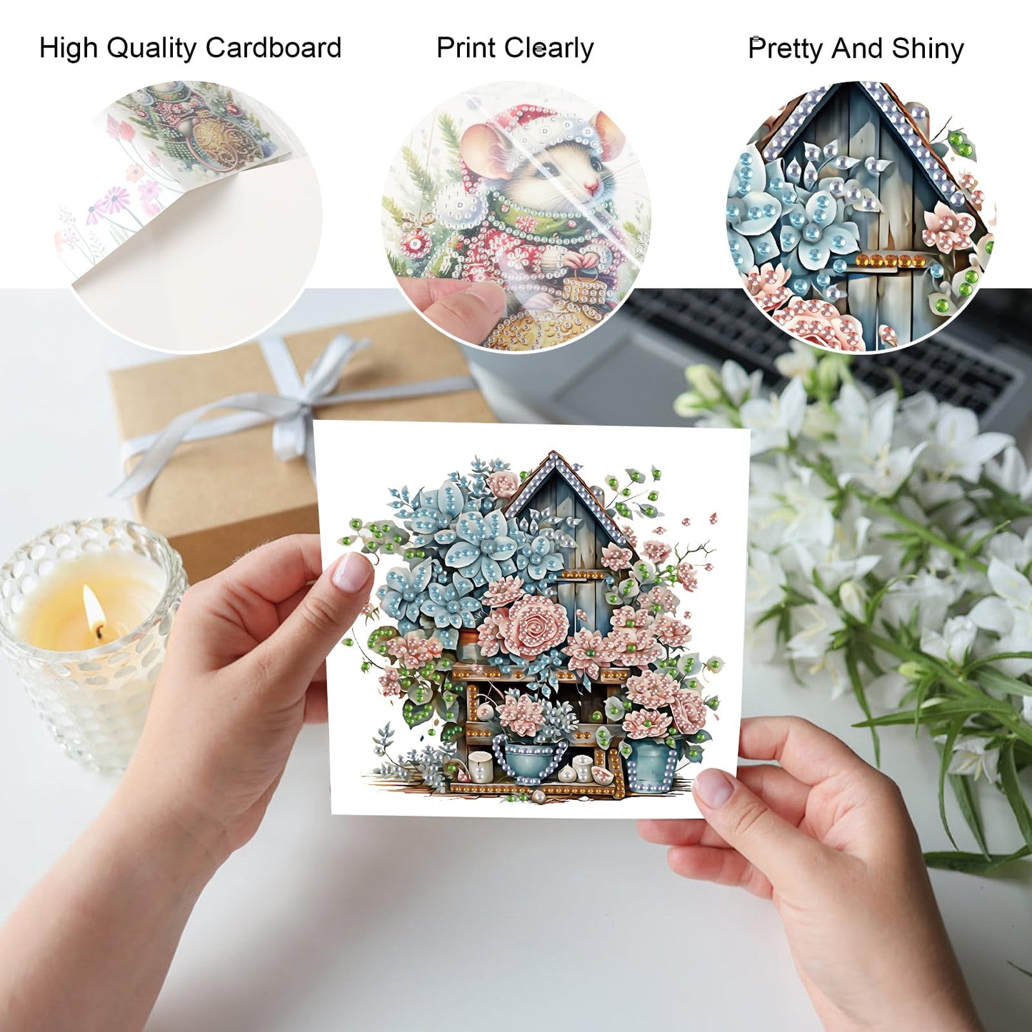 JZHYOAN 6pcs Diamond Art Blessing Greeting Card Set Happy Birthday Diamond Painting Greeting Cards with Envelope DIY House Folding Greeting Card for Birthday Friends Holiday Gift