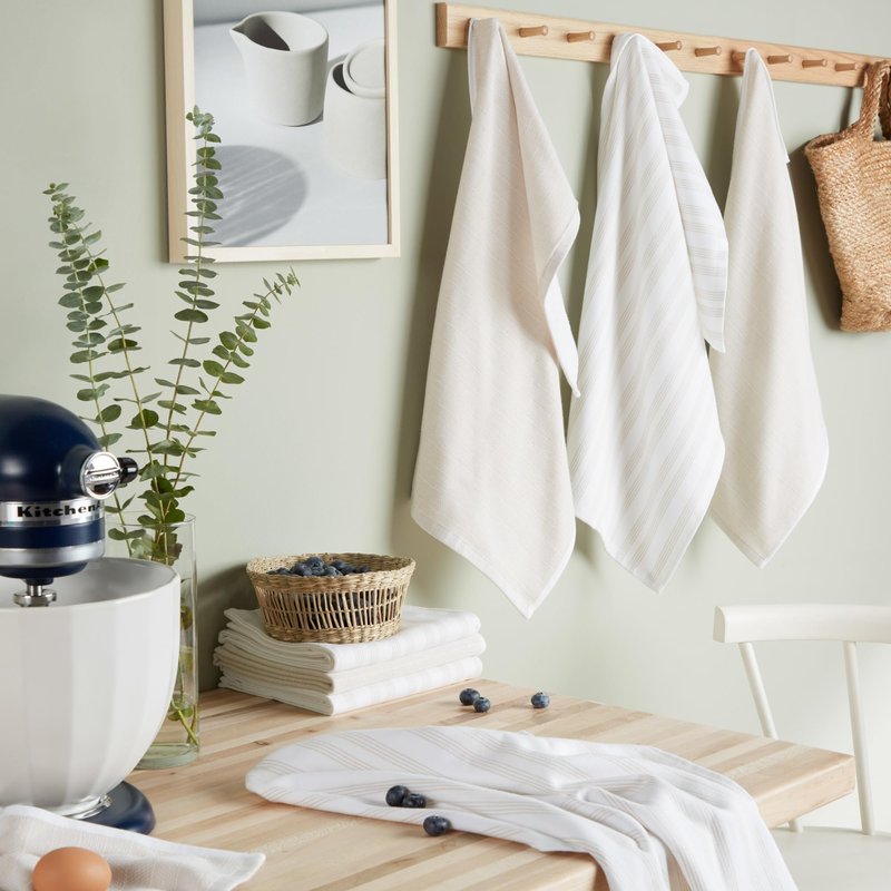 KitchenAid Chambray Stripe Kitchen Towels 8-Pack, Absorbent 100% Woven Cotton, Milkshake/White, 17”x28”