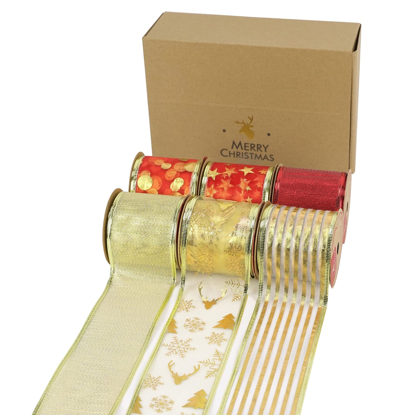 MEEDEE Red & Gold Christmas Ribbon - 2.5 Inch, 6 Rolls (36 Yards), Wired, Perfect for Tree Decoration, Wreaths & Bows