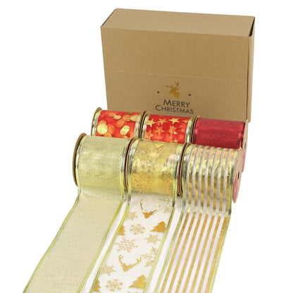 MEEDEE Red & Gold Christmas Ribbon - 2.5 Inch, 6 Rolls (36 Yards), Wired, Perfect for Tree Decoration, Wreaths & Bows