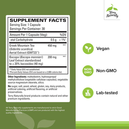 Terry Naturally GMT23 Greek Mountain Tea Plus Bacopa - Dietary Supplement for Focus Support - Brain Health Supplement for Attention to Detail - Herbal Supplement with Antioxidants - 30 Capsules