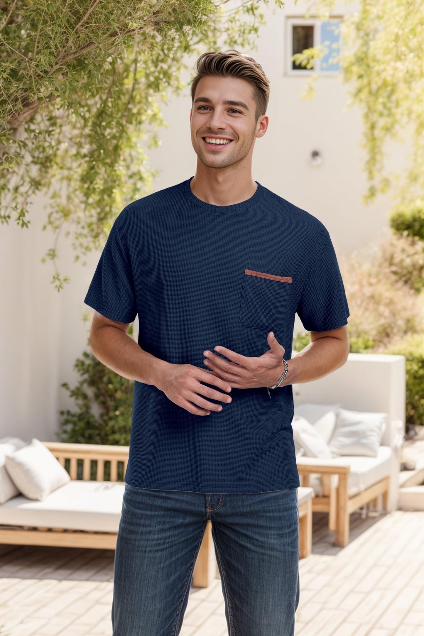 NUOKESASI Mens Casual T-Shirt Short Sleeve Crew Neck Soft Tee Shirts Summer Beach Waffle Textured Tops with Pocket Navy Blue-M